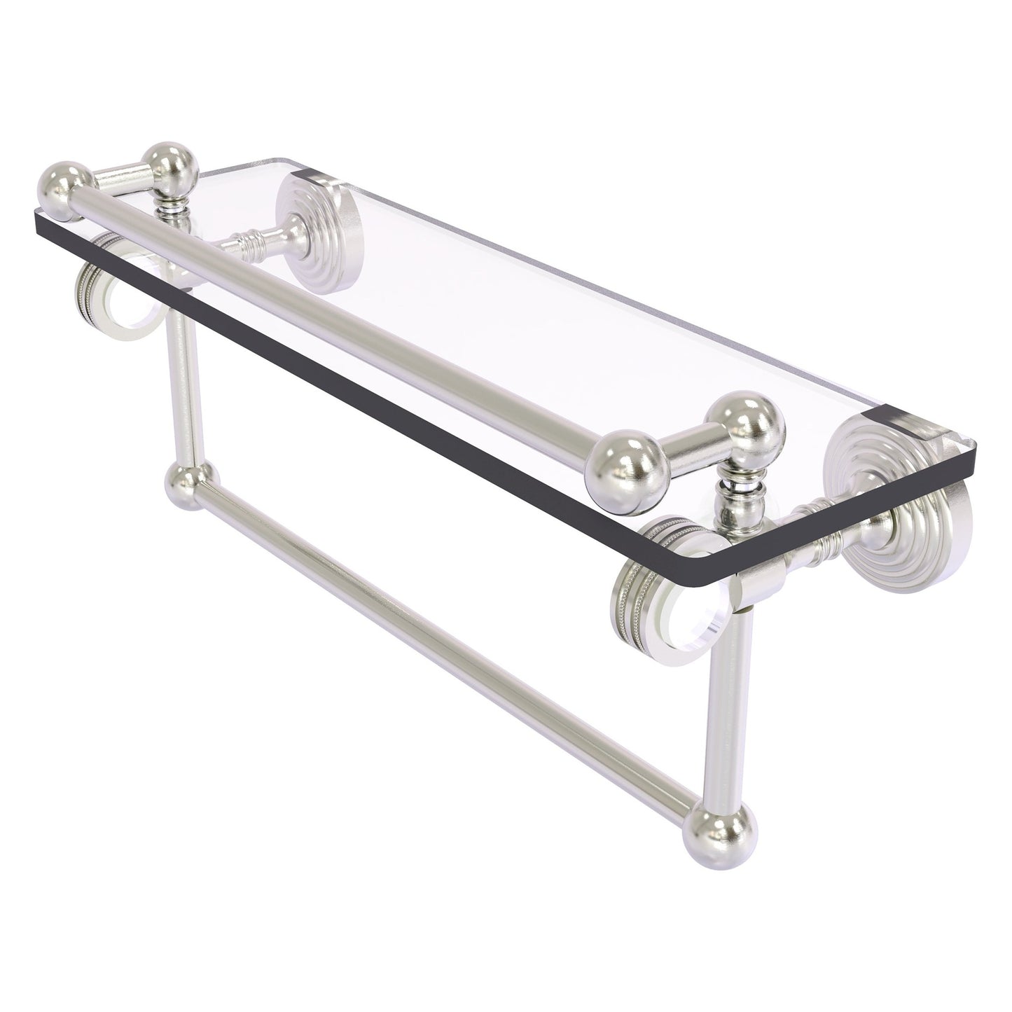 Allied Brass Pacific Grove 16" x 5.5" Satin Nickel Solid Brass Gallery Glass Shelf With Towel Bar and Dotted Accents