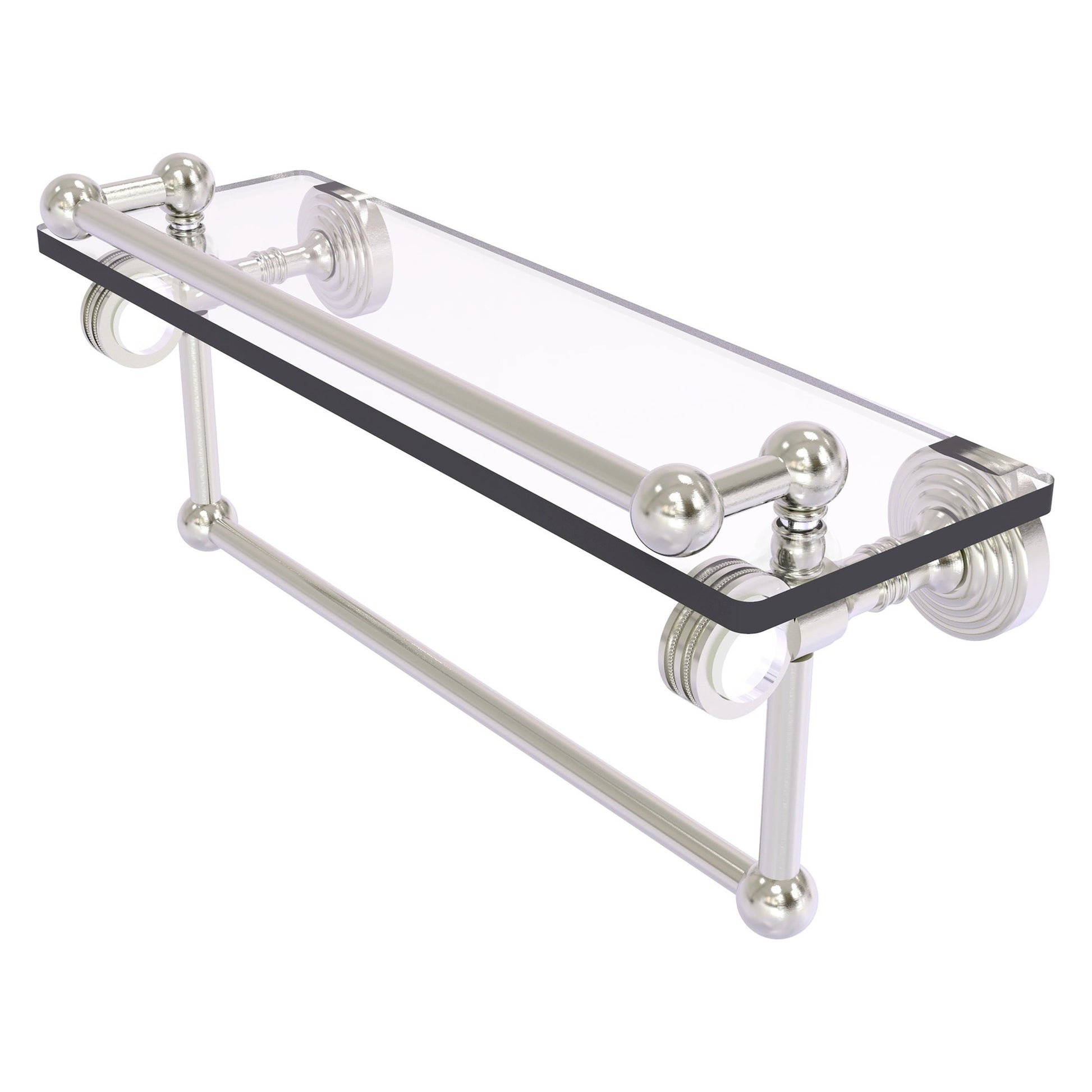 Allied Brass Pacific Grove 16" x 5.5" Satin Nickel Solid Brass Gallery Glass Shelf With Towel Bar and Dotted Accents