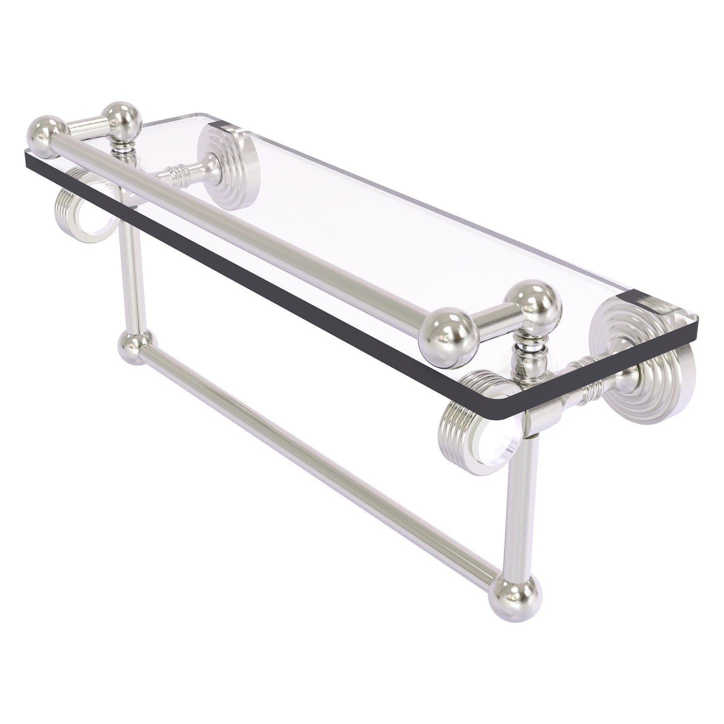 Allied Brass Pacific Grove 16" x 5.5" Satin Nickel Solid Brass Gallery Glass Shelf With Towel Bar and Grooved Accents
