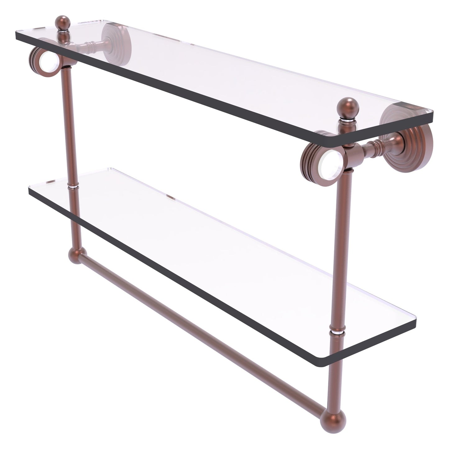 Allied Brass Pacific Grove 22" x 5.125" Antique Copper Solid Brass Double Glass Shelf With Towel Bar and Dotted Accents