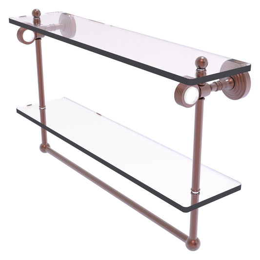 Allied Brass Pacific Grove 22" x 5.125" Antique Copper Solid Brass Double Glass Shelf With Towel Bar and Grooved Accents