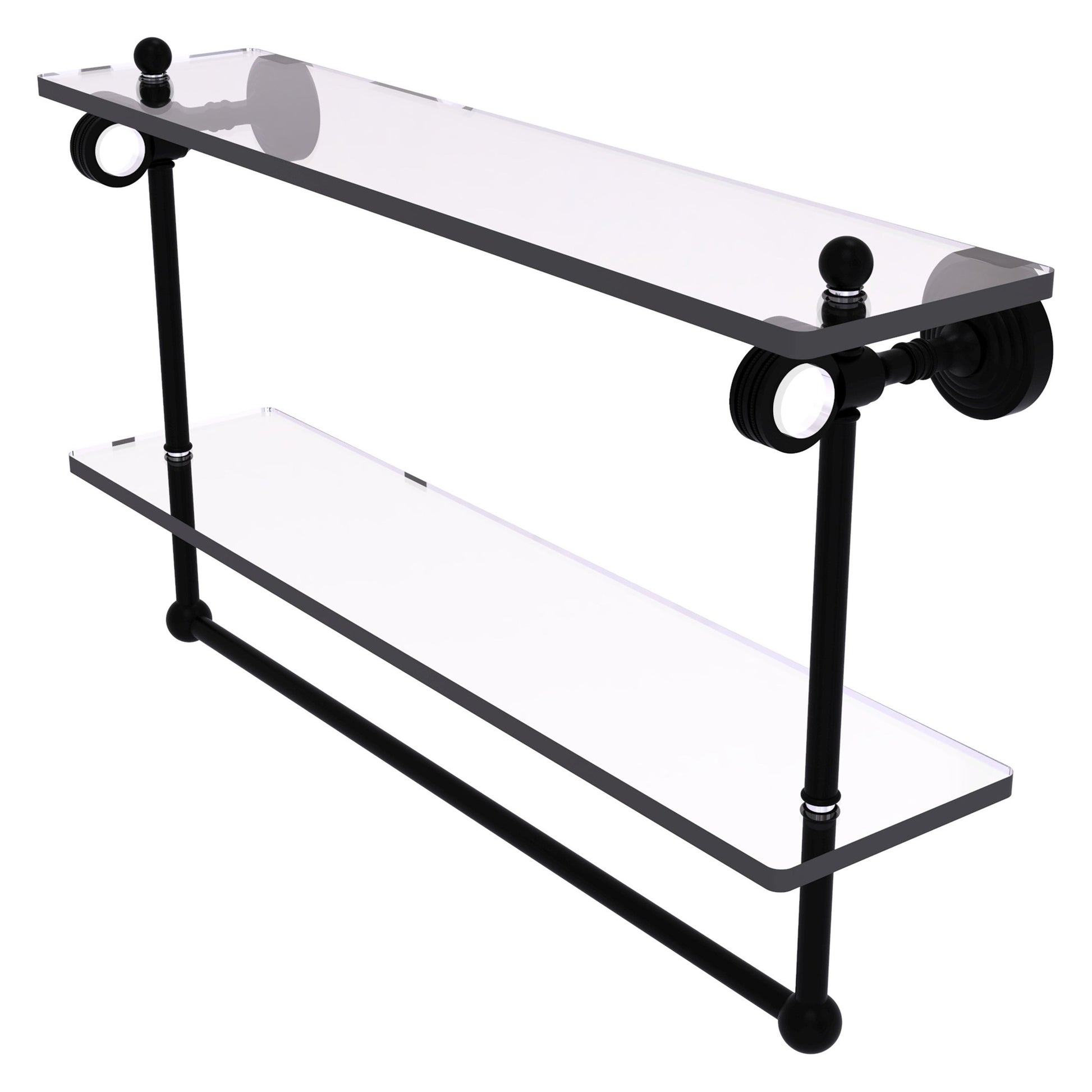 Allied Brass Pacific Grove 22" x 5.125" Matte Black Solid Brass Double Glass Shelf With Towel Bar and Dotted Accents