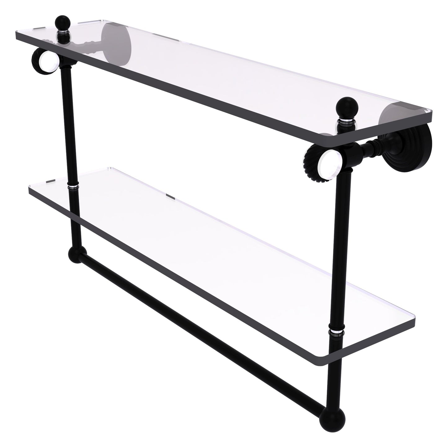Allied Brass Pacific Grove 22" x 5.125" Matte Black Solid Brass Double Glass Shelf With Towel Bar and Twisted Accents