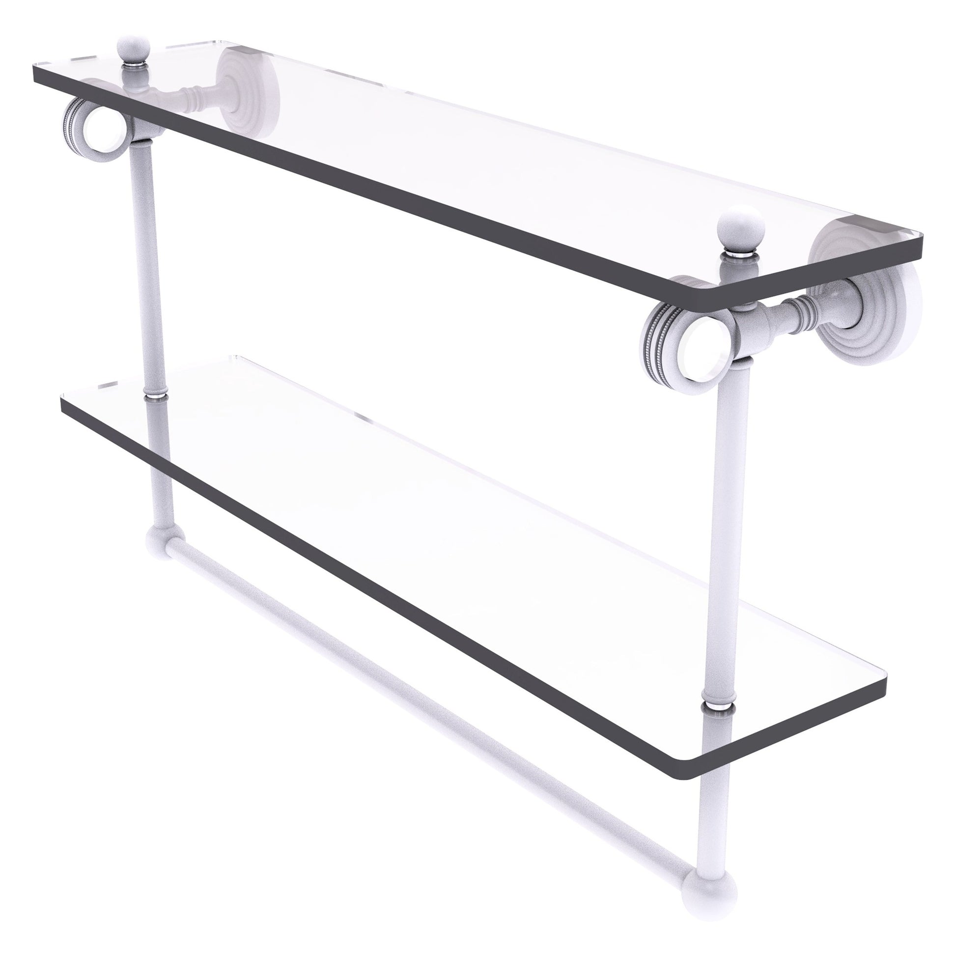 Allied Brass Pacific Grove 22" x 5.125" Matte White Solid Brass Double Glass Shelf With Towel Bar and Dotted Accents