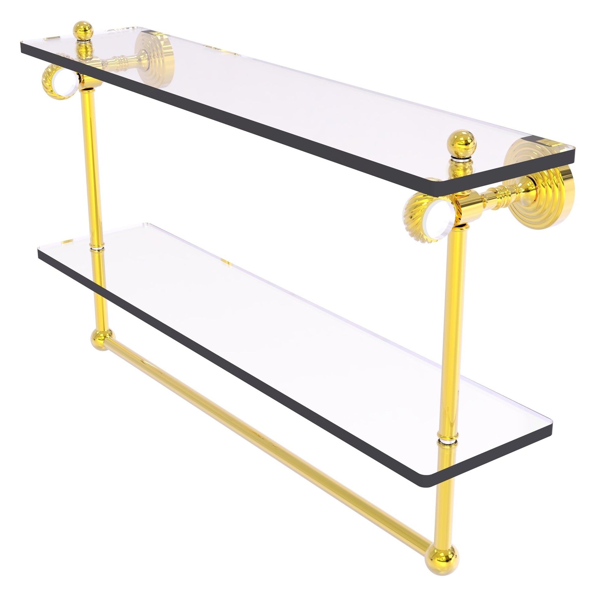 Allied Brass Pacific Grove 22" x 5.125" Polished Brass Solid Brass Double Glass Shelf With Towel Bar and Twisted Accents
