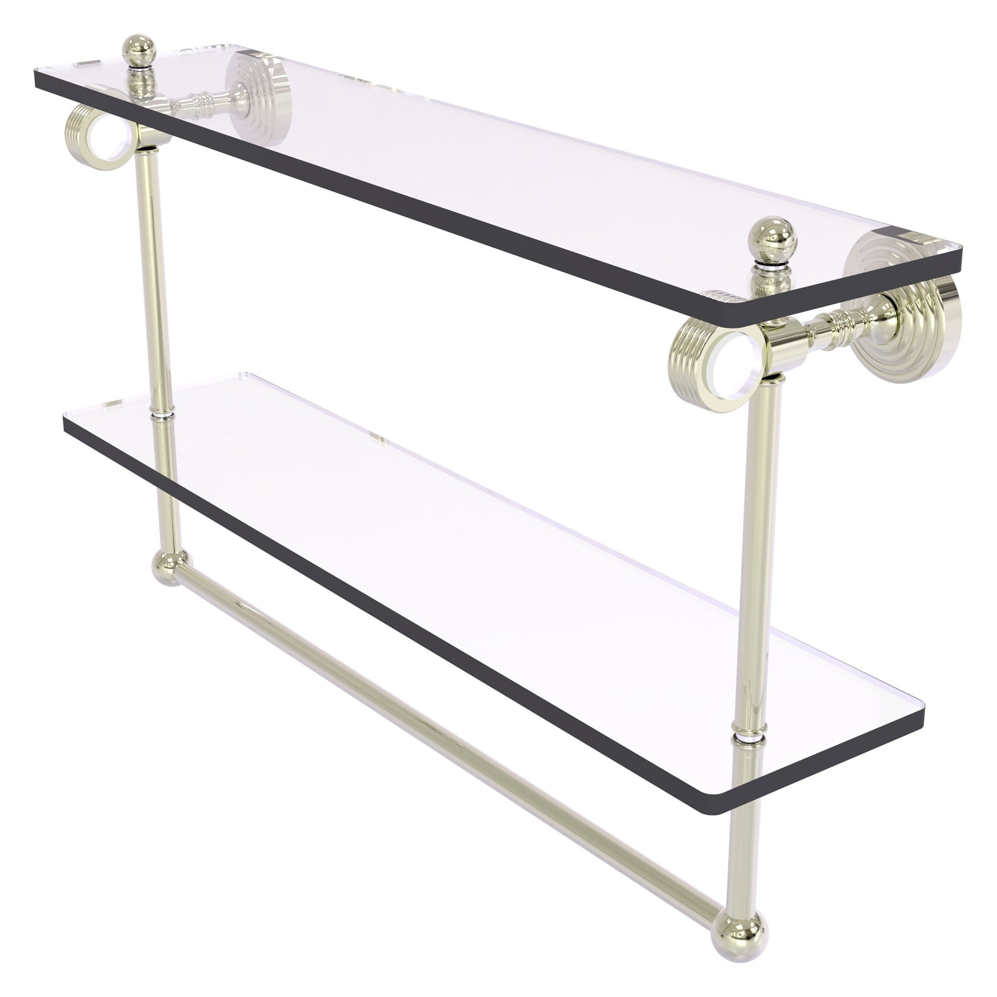 Allied Brass Pacific Grove 22" x 5.125" Polished Nickel Solid Brass Double Glass Shelf With Towel Bar and Grooved Accents