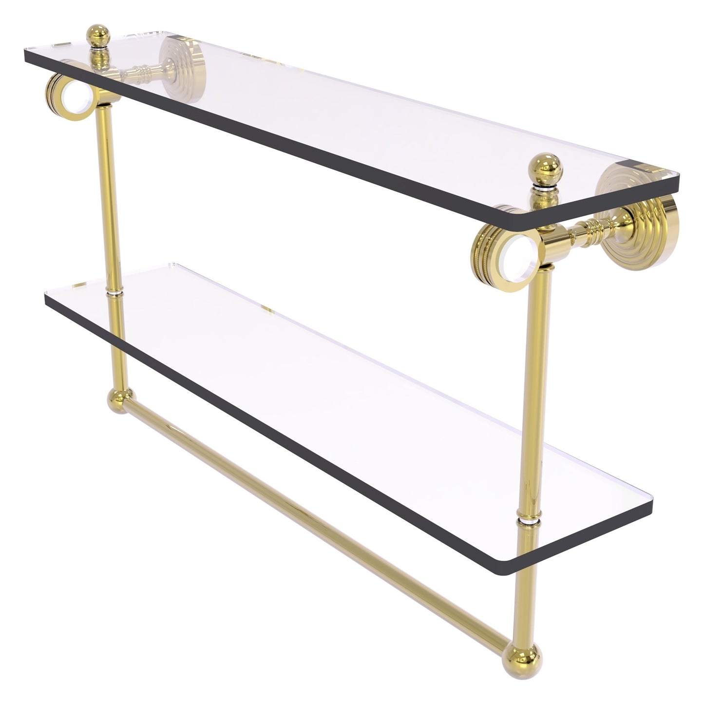 Allied Brass Pacific Grove 22" x 5.125" Unlacquered Brass Solid Brass Double Glass Shelf With Towel Bar and Dotted Accents