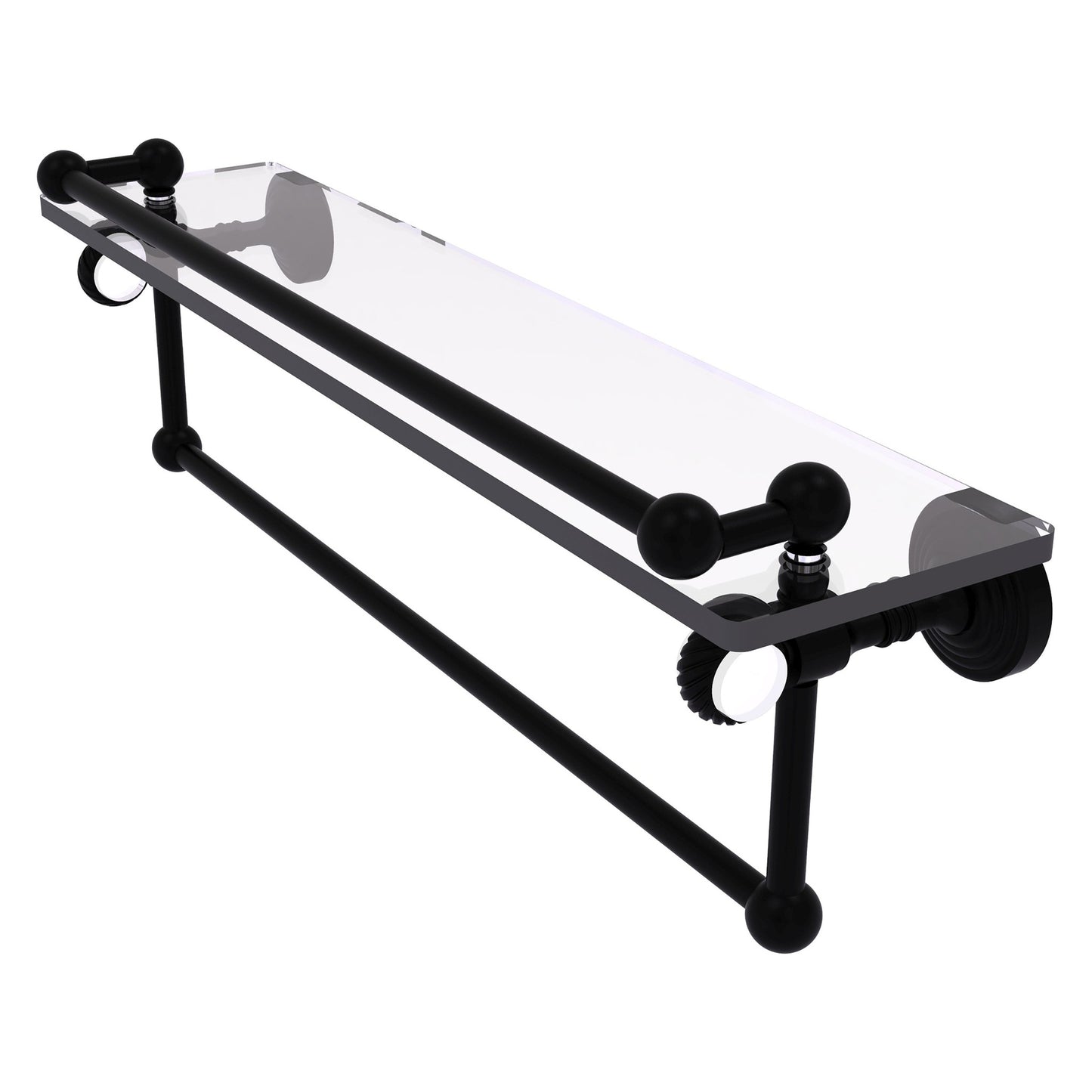 Allied Brass Pacific Grove 22" x 5.5" Matte Black Solid Brass Gallery Glass Shelf With Towel Bar and Twisted Accents