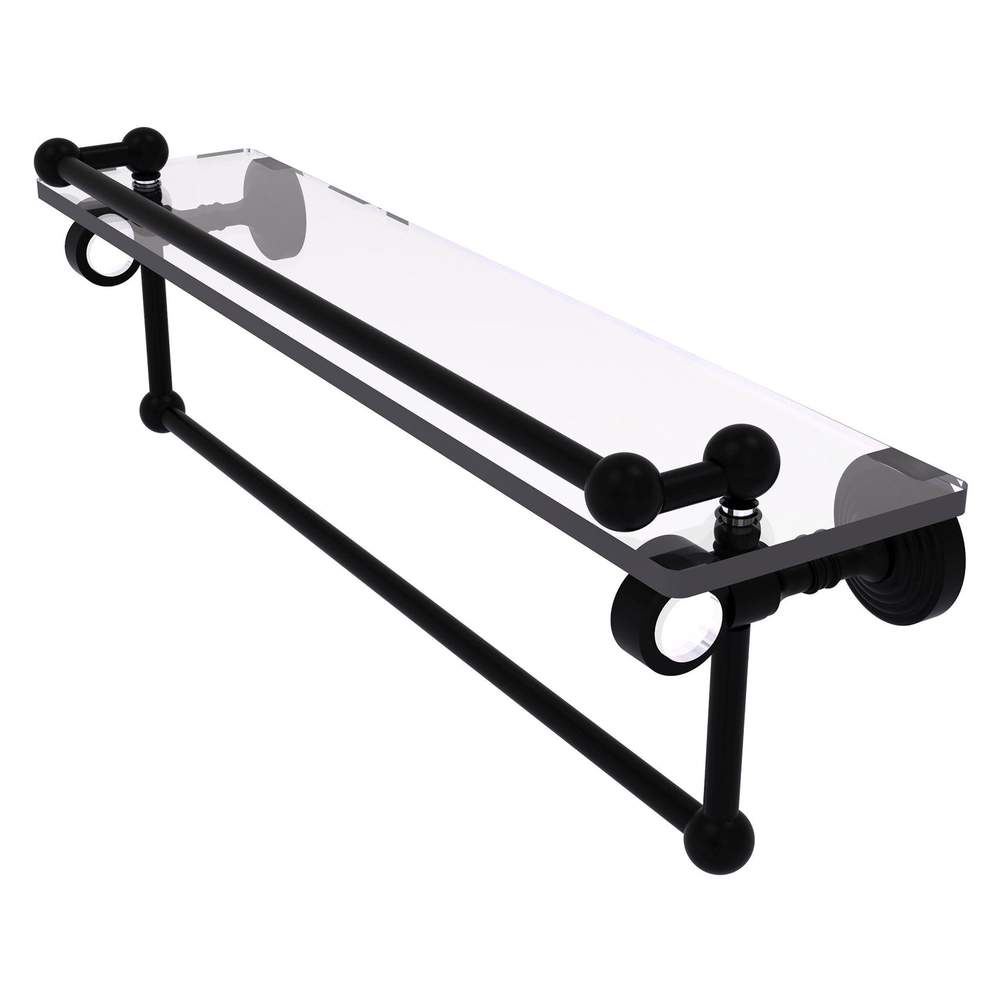 Allied Brass Pacific Grove 22" x 5.5" Matte Black Solid Brass Glass Shelf With Gallery Rail and Towel Bar