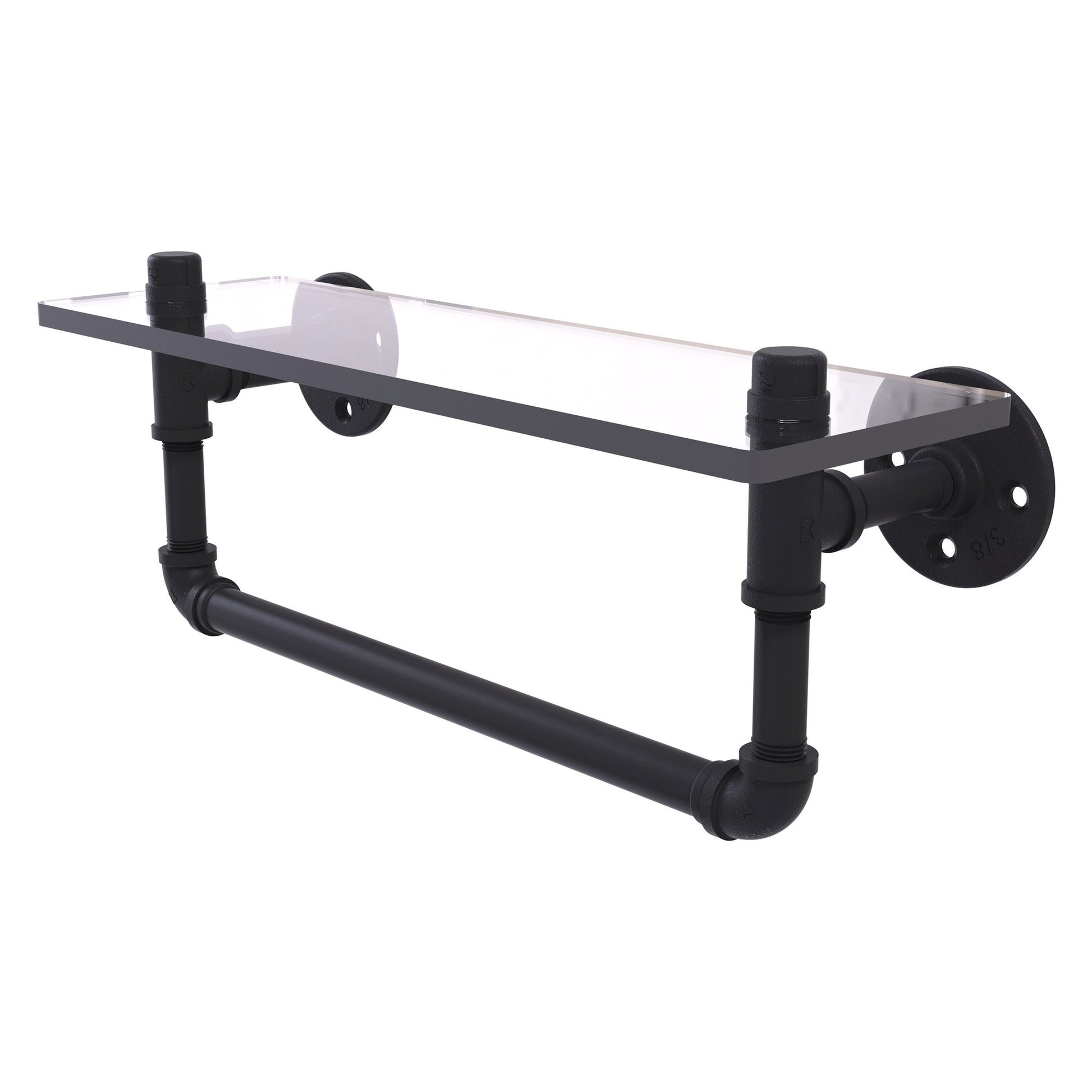 Allied Brass Pipeline 16" x 5.6" Matte Black Solid Brass Glass Shelf With Towel Bar