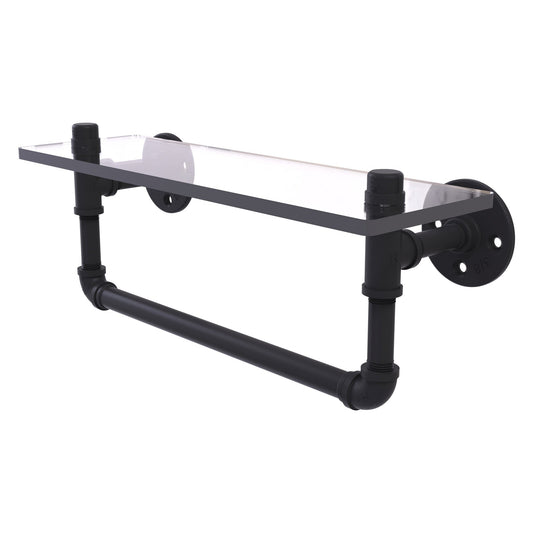 Allied Brass Pipeline 16" x 5.6" Matte Black Solid Brass Glass Shelf With Towel Bar