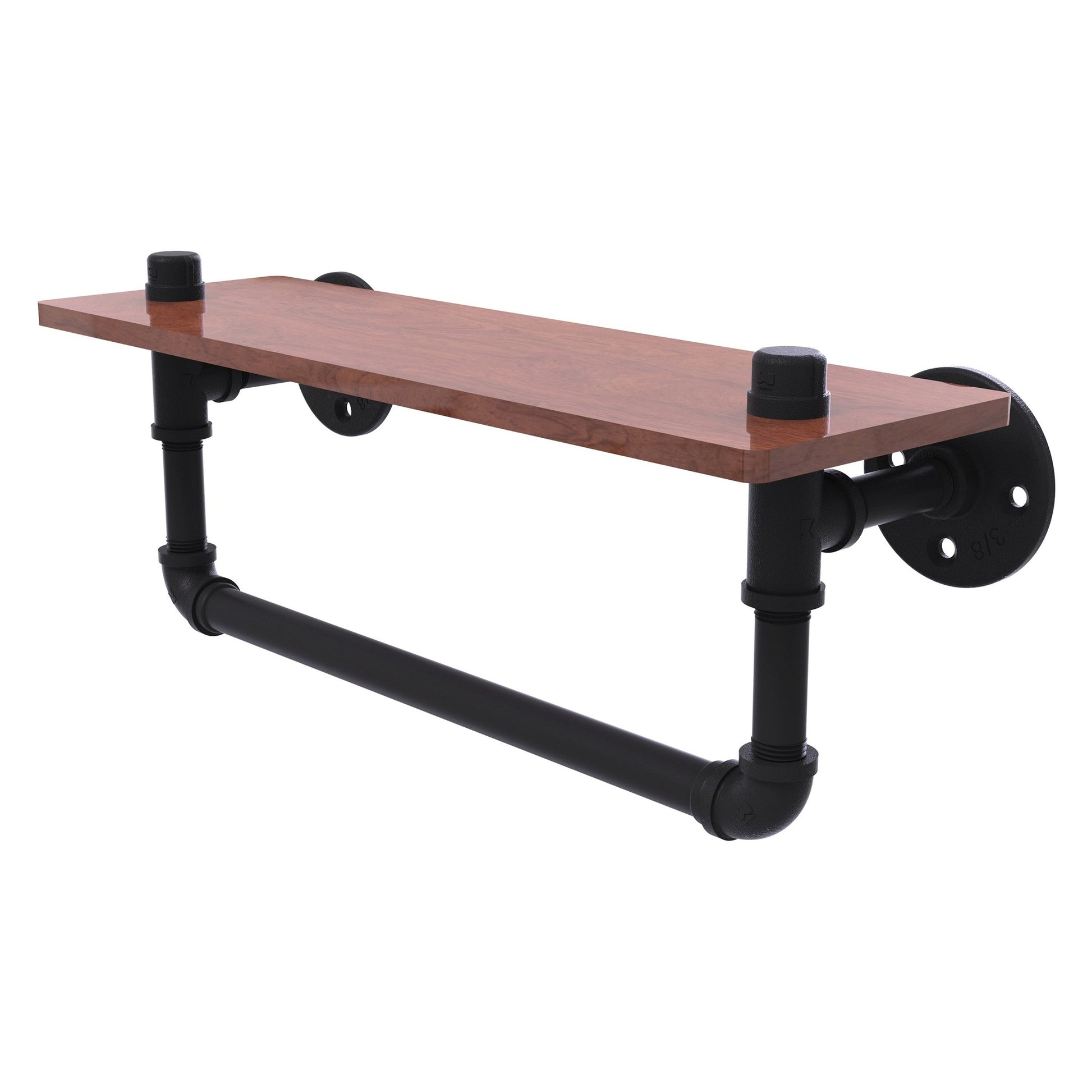 Allied Brass Pipeline 16" x 5.6" Matte Black Solid Brass Ironwood Shelf With Towel Bar