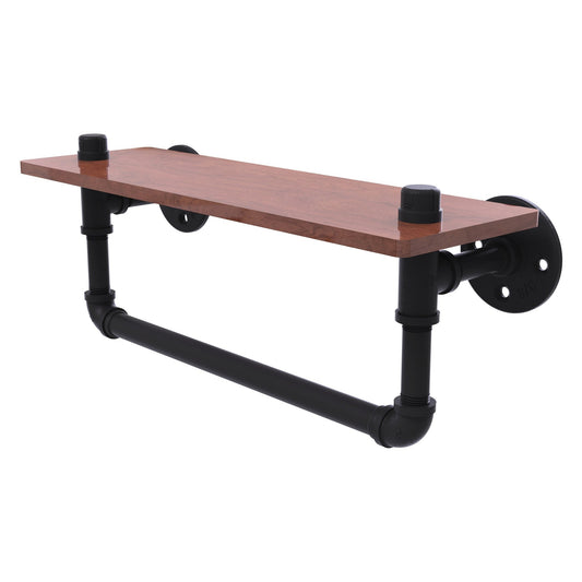 Allied Brass Pipeline 16" x 5.6" Matte Black Solid Brass Ironwood Shelf With Towel Bar