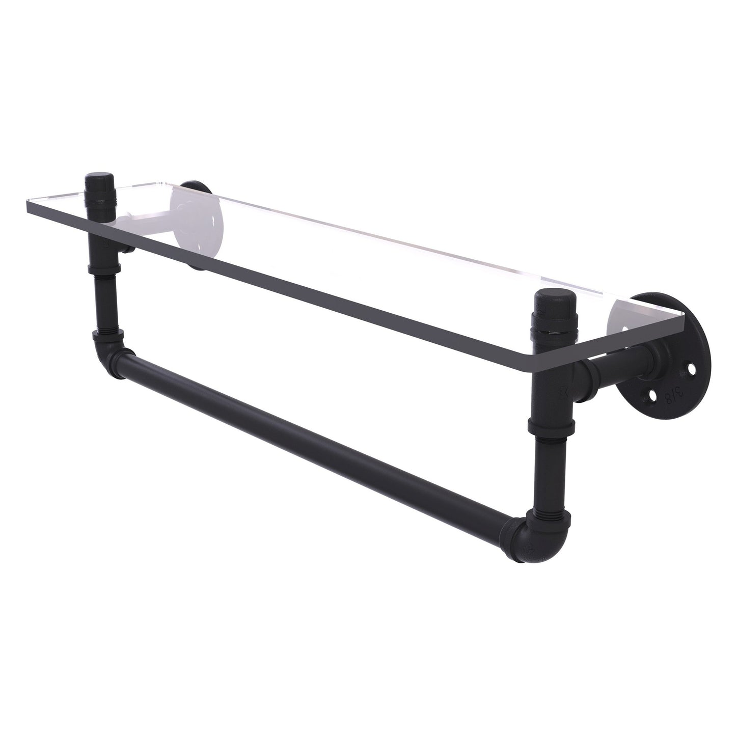Allied Brass Pipeline 22" x 5.6" Matte Black Solid Brass Glass Shelf With Towel Bar