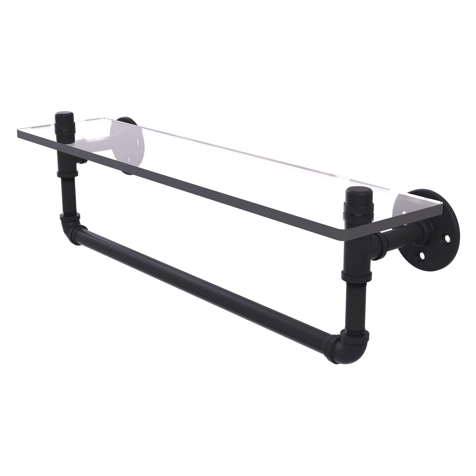 Allied Brass Pipeline 22" x 5.6" Matte Black Solid Brass Glass Shelf With Towel Bar