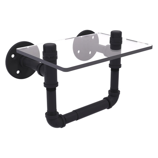 Allied Brass Pipeline 9.5" x 6.7" Matte Black Solid Brass Toilet Tissue Holder With Glass Shelf