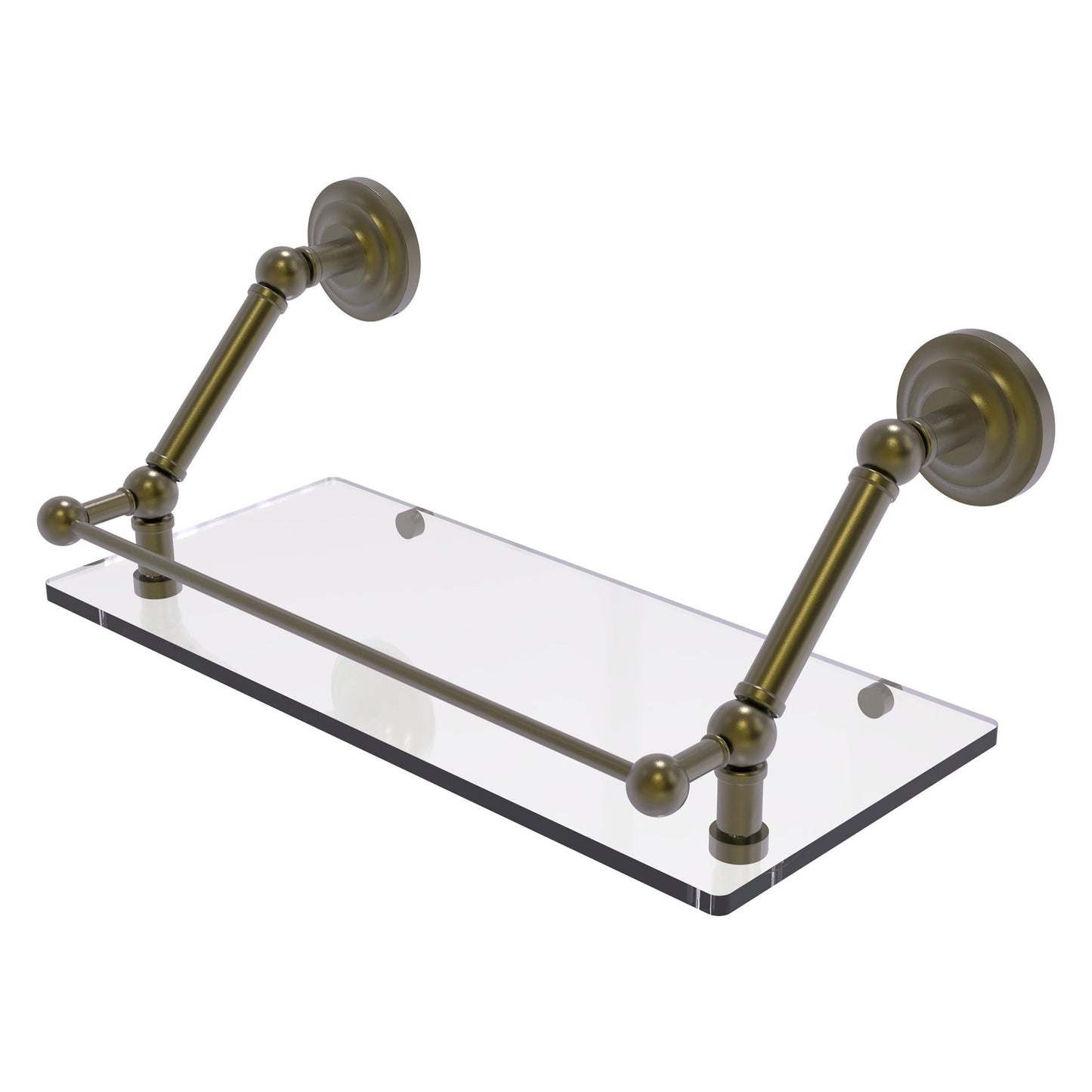 Allied Brass Prestige Que New 18" x 8.6" Antique Brass Solid Brass 18-Inch Floating Glass Shelf With Gallery Rail