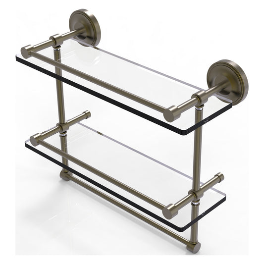 Allied Brass Prestige Regal 16" x 5" Antique Brass Solid Brass 16-Inch Gallery Double Glass Shelf With Towel Bar