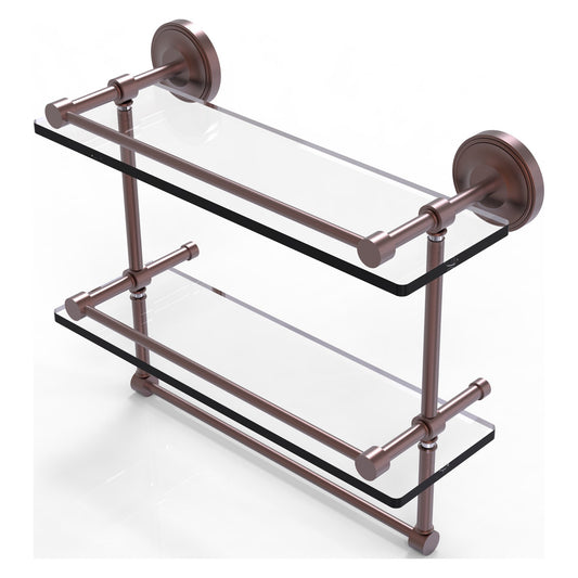 Allied Brass Prestige Regal 16" x 5" Antique Copper Solid Brass 16-Inch Gallery Double Glass Shelf With Towel Bar