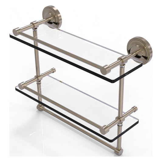 Allied Brass Prestige Regal 16" x 5" Antique Pewter Solid Brass 16-Inch Gallery Double Glass Shelf With Towel Bar