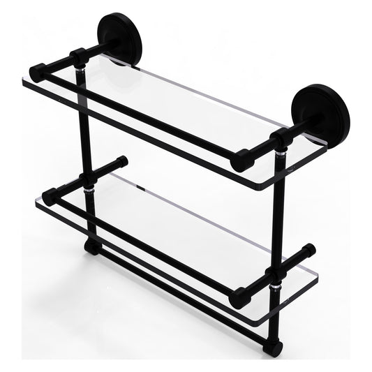 Allied Brass Prestige Regal 16" x 5" Matte Black Solid Brass 16-Inch Gallery Double Glass Shelf With Towel Bar