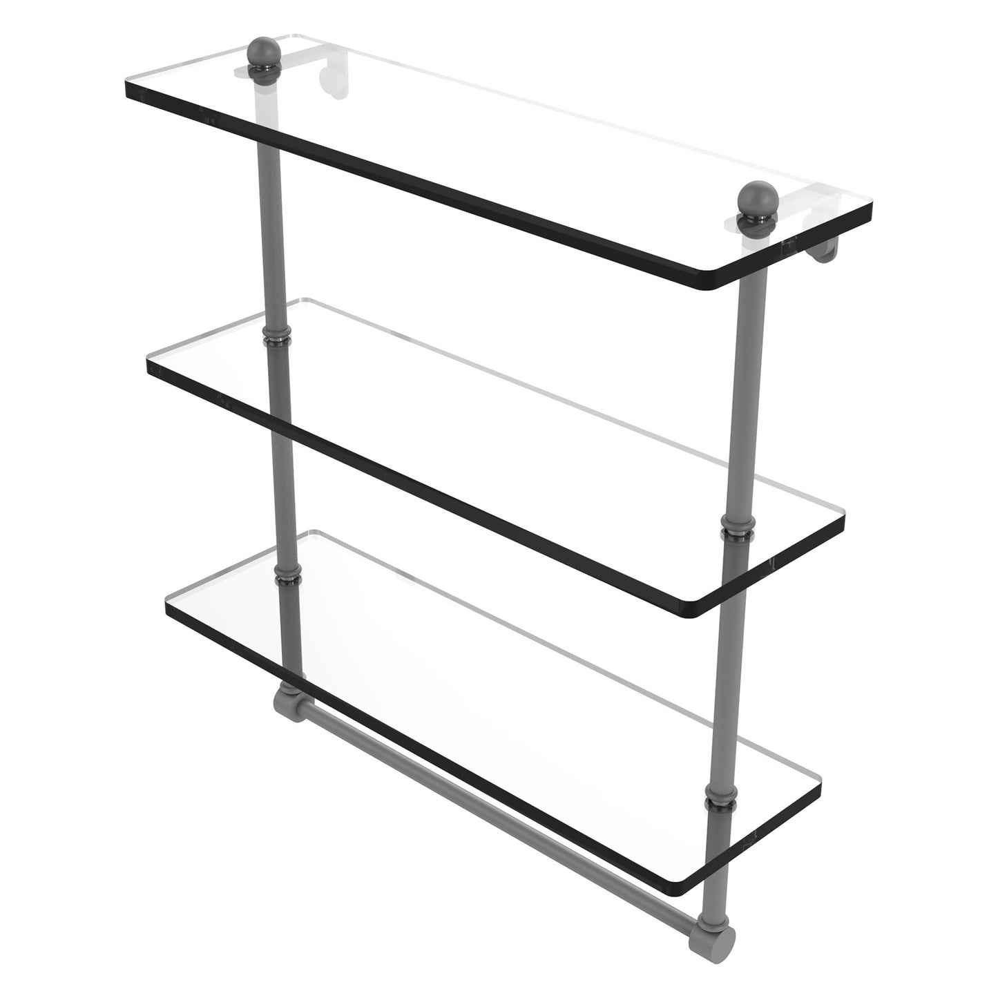 Allied Brass Prestige Regal 16" x 5" Matte Gray Solid Brass 16-Inch Triple Tiered Glass Shelf With Integrated Towel Bar