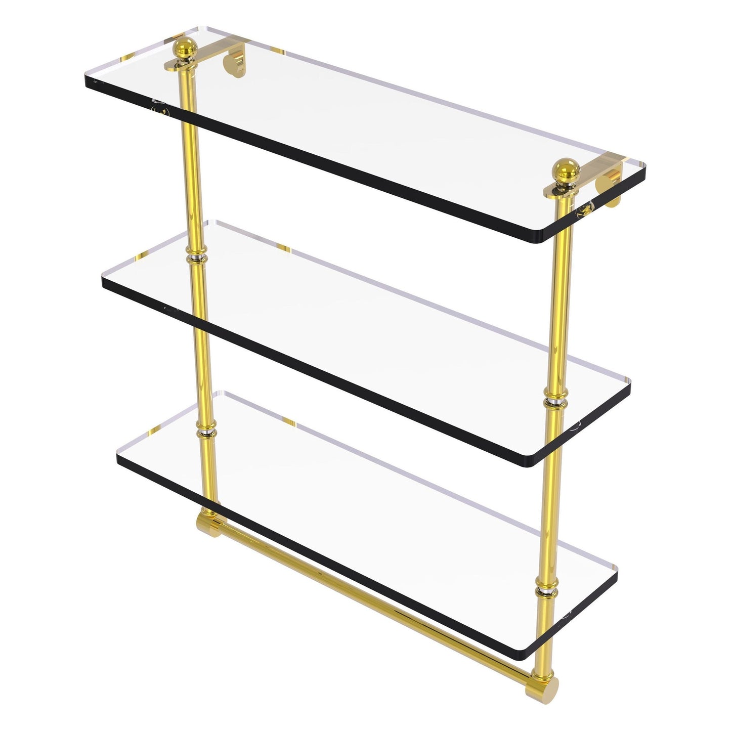 Allied Brass Prestige Regal 16" x 5" Polished Brass Solid Brass 16-Inch Triple Tiered Glass Shelf With Integrated Towel Bar