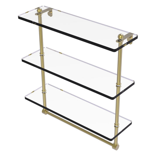 Allied Brass Prestige Regal 16" x 5" Satin Brass Solid Brass 16-Inch Triple Tiered Glass Shelf With Integrated Towel Bar