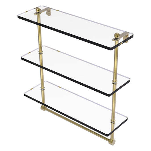 Allied Brass Prestige Regal 16" x 5" Unlacquered Brass Solid Brass 16-Inch Triple Tiered Glass Shelf With Integrated Towel Bar