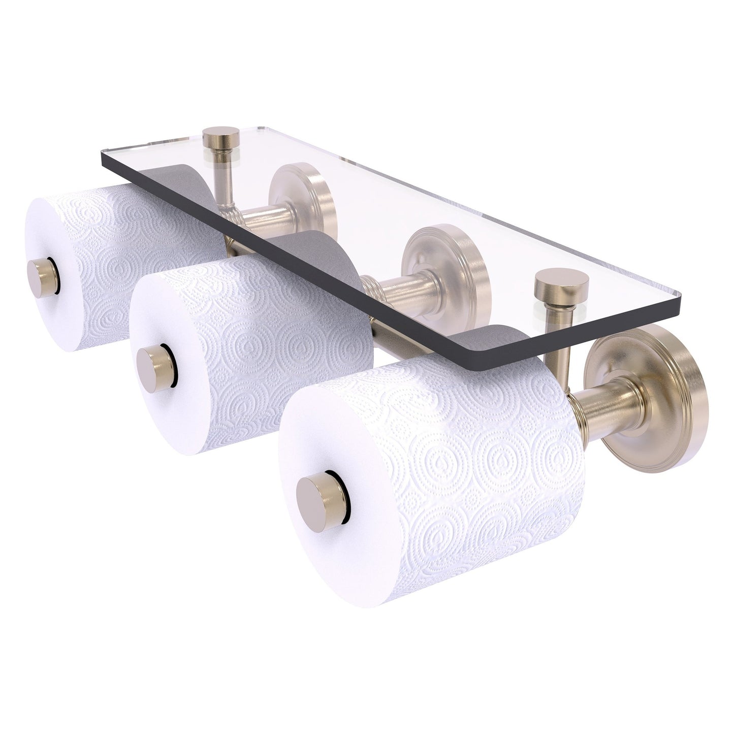 Allied Brass Prestige Regal 16.6" x 8.1" Antique Pewter Solid Brass Horizontal Reserve 3-Roll Toilet Paper Holder With Glass Shelf