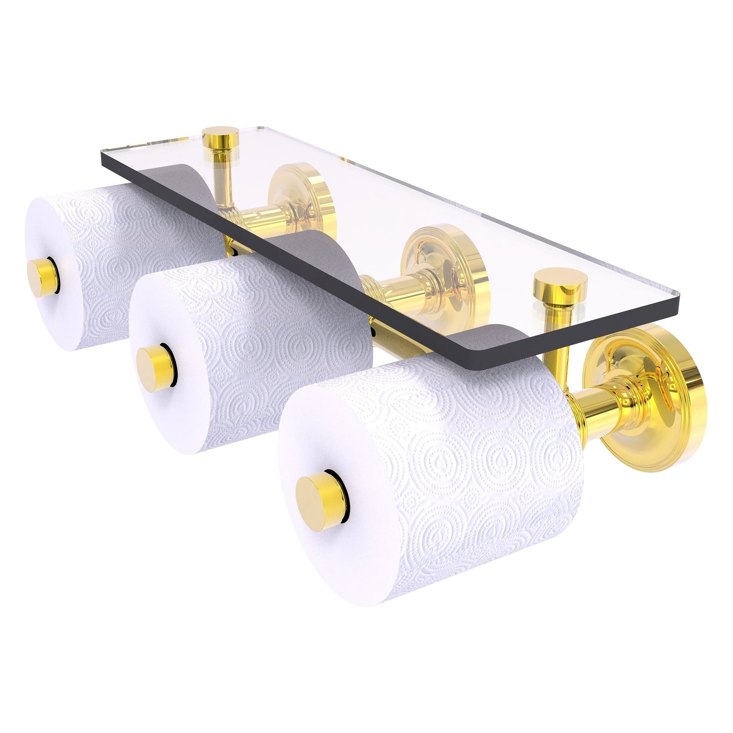 Allied Brass Prestige Regal 16.6" x 8.1" Polished Brass Solid Brass Horizontal Reserve 3-Roll Toilet Paper Holder With Glass Shelf