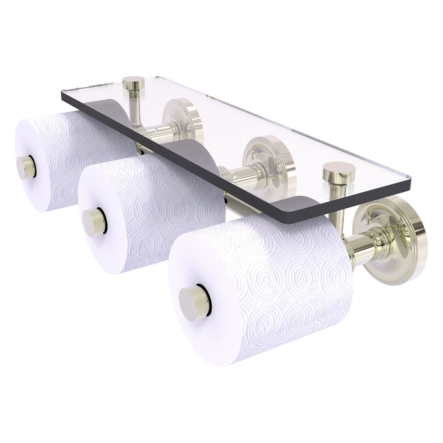 Allied Brass Prestige Regal 16.6" x 8.1" Polished Nickel Solid Brass Horizontal Reserve 3-Roll Toilet Paper Holder With Glass Shelf