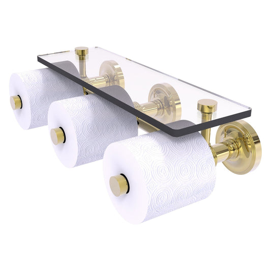 Allied Brass Prestige Regal 16.6" x 8.1" Unlacquered Brass Solid Brass Horizontal Reserve 3-Roll Toilet Paper Holder With Glass Shelf