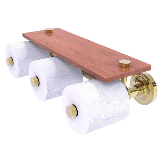Allied Brass Prestige Regal 16.6" x 8.1" Unlacquered Brass Solid Brass Horizontal Reserve 3 Roll Toilet Paper Holder With Wood Shelf