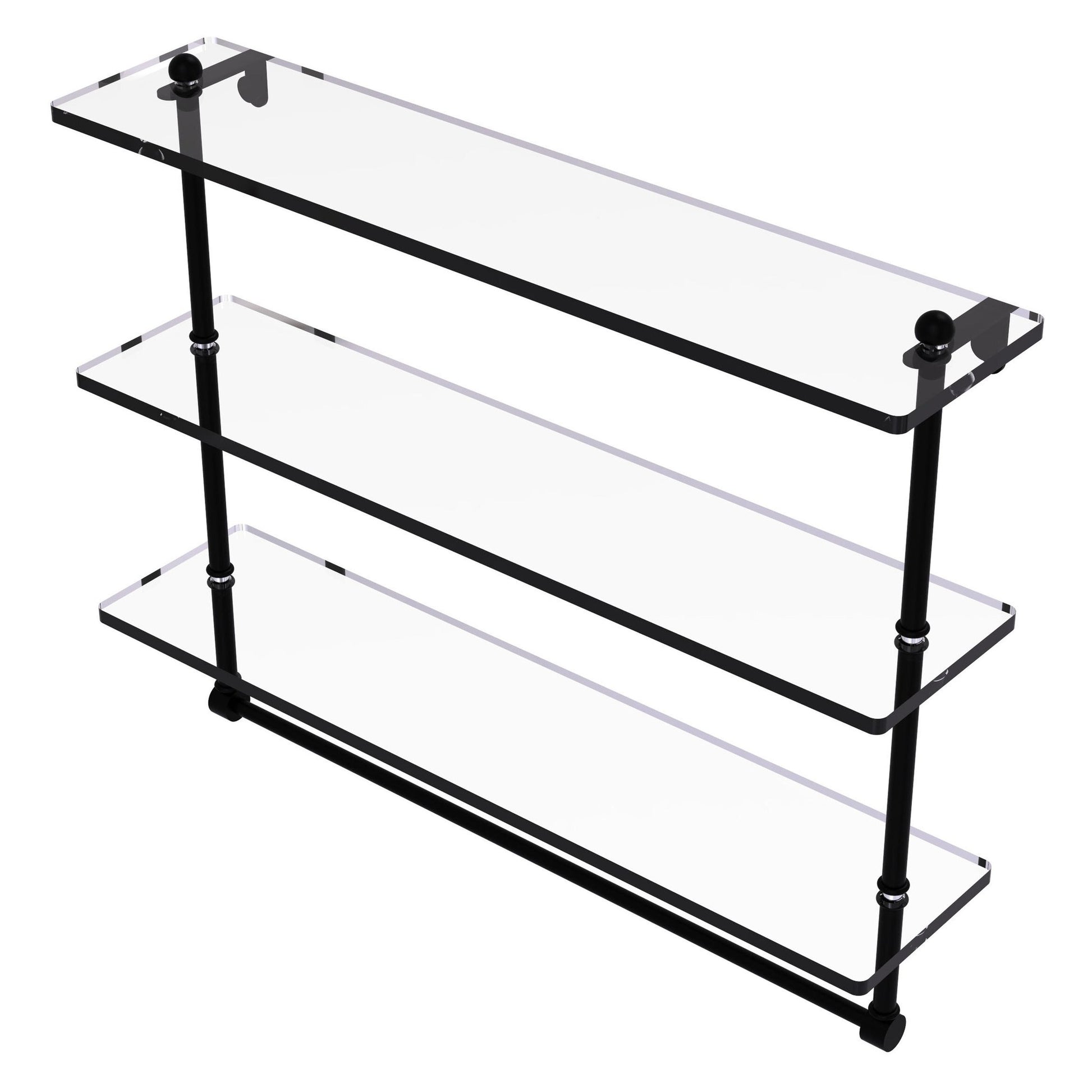 Allied Brass Prestige Regal 22" x 5" Matte Black Solid Brass 22-Inch Triple Tiered Glass Shelf With Integrated Towel Bar