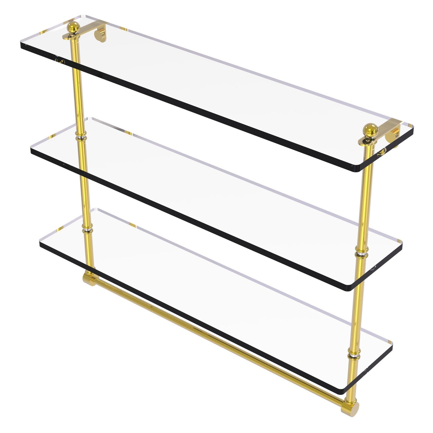 Allied Brass Prestige Regal 22" x 5" Polished Brass Solid Brass 22-Inch Triple Tiered Glass Shelf With Integrated Towel Bar