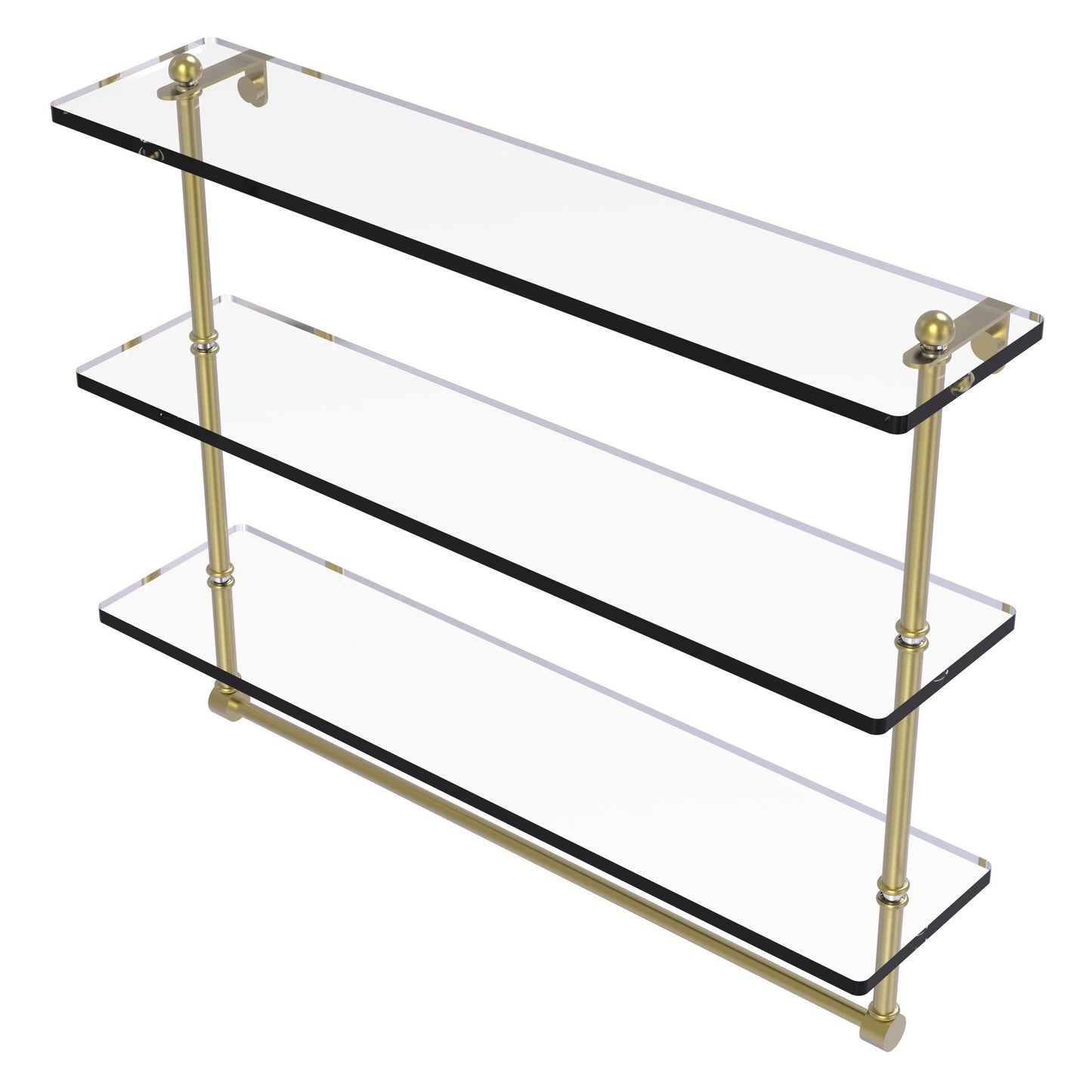 Allied Brass Prestige Regal 22" x 5" Satin Brass Solid Brass 22-Inch Triple Tiered Glass Shelf With Integrated Towel Bar