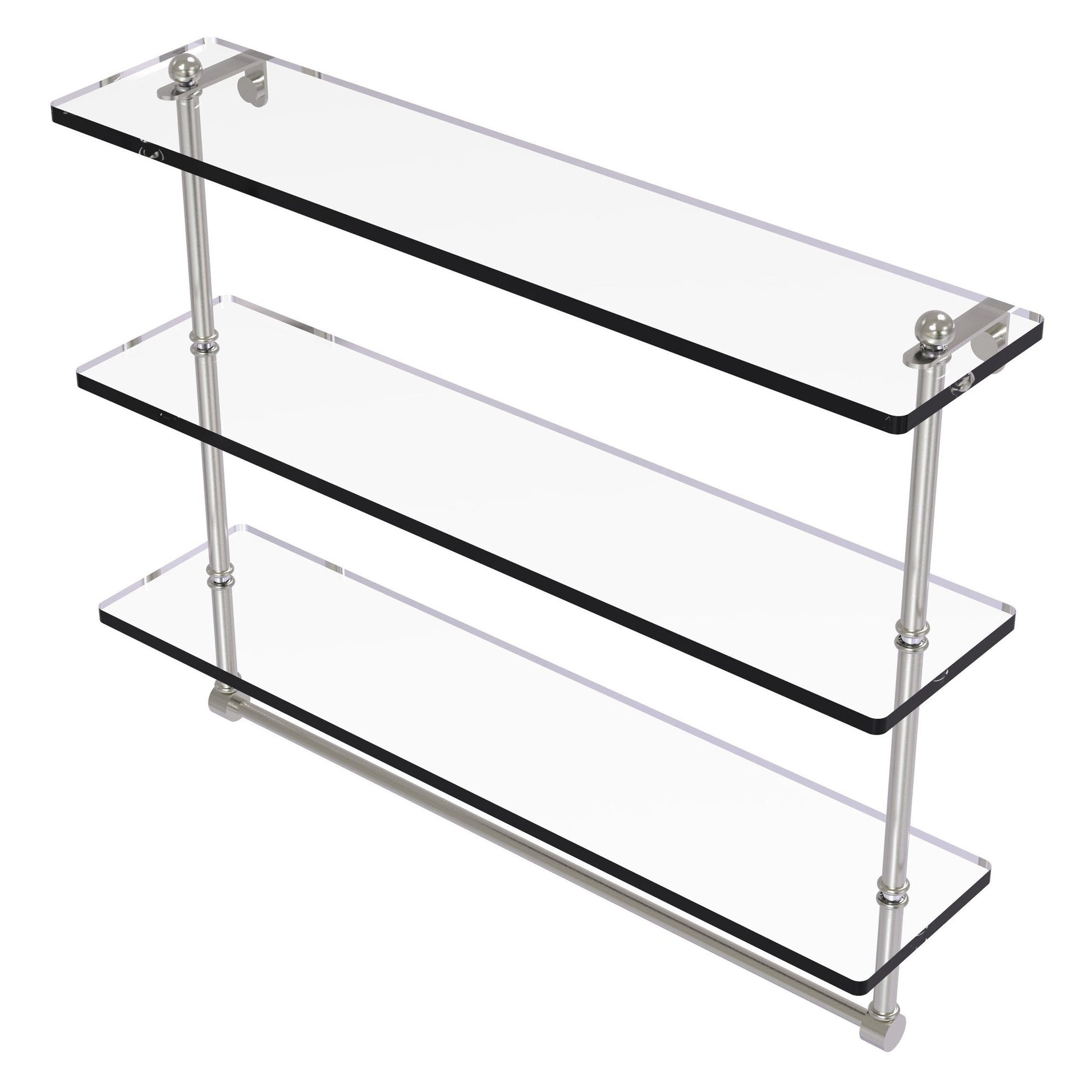 Allied Brass Prestige Regal 22" x 5" Satin Nickel Solid Brass 22-Inch Triple Tiered Glass Shelf With Integrated Towel Bar