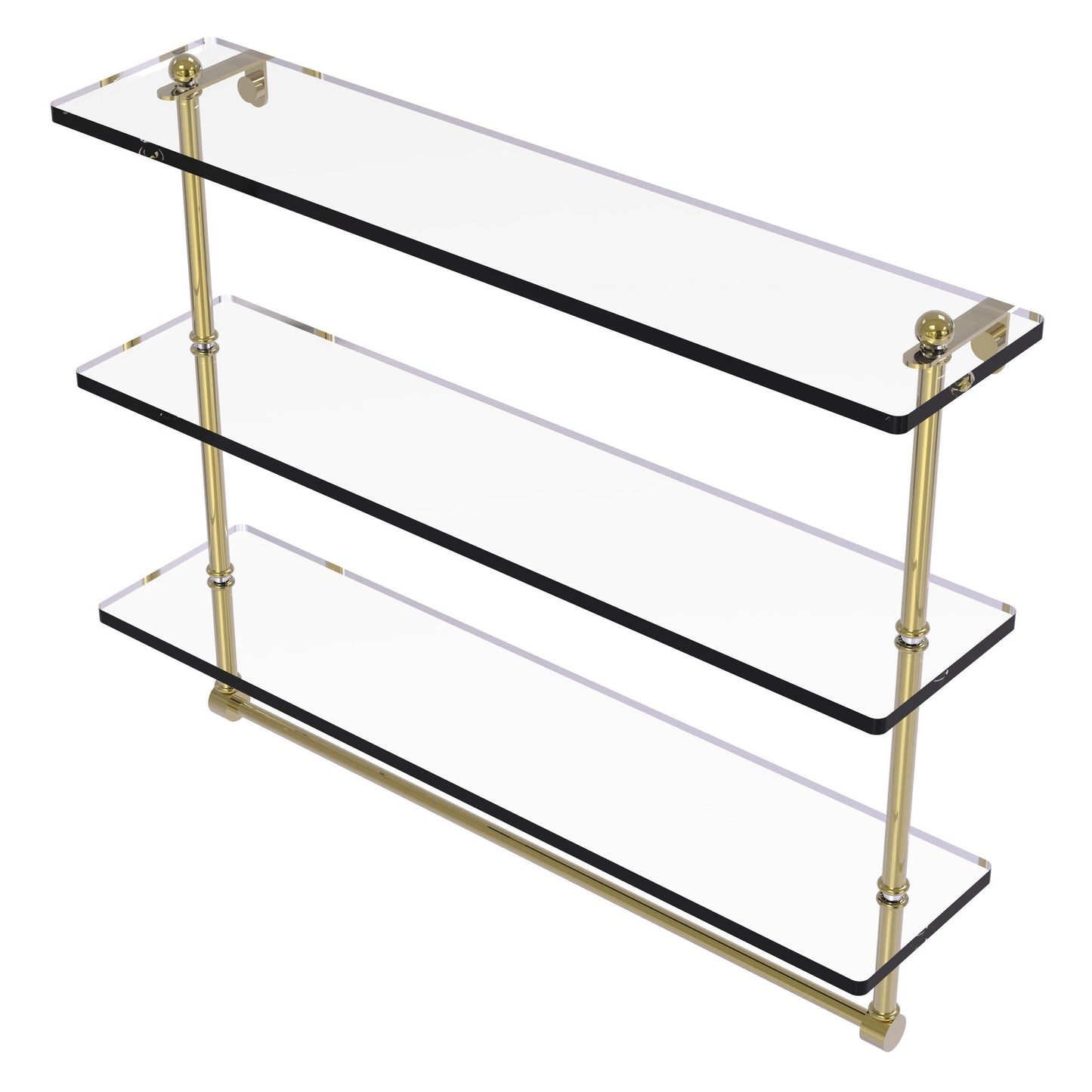 Allied Brass Prestige Regal 22" x 5" Unlacquered Brass Solid Brass 22-Inch Triple Tiered Glass Shelf With Integrated Towel Bar