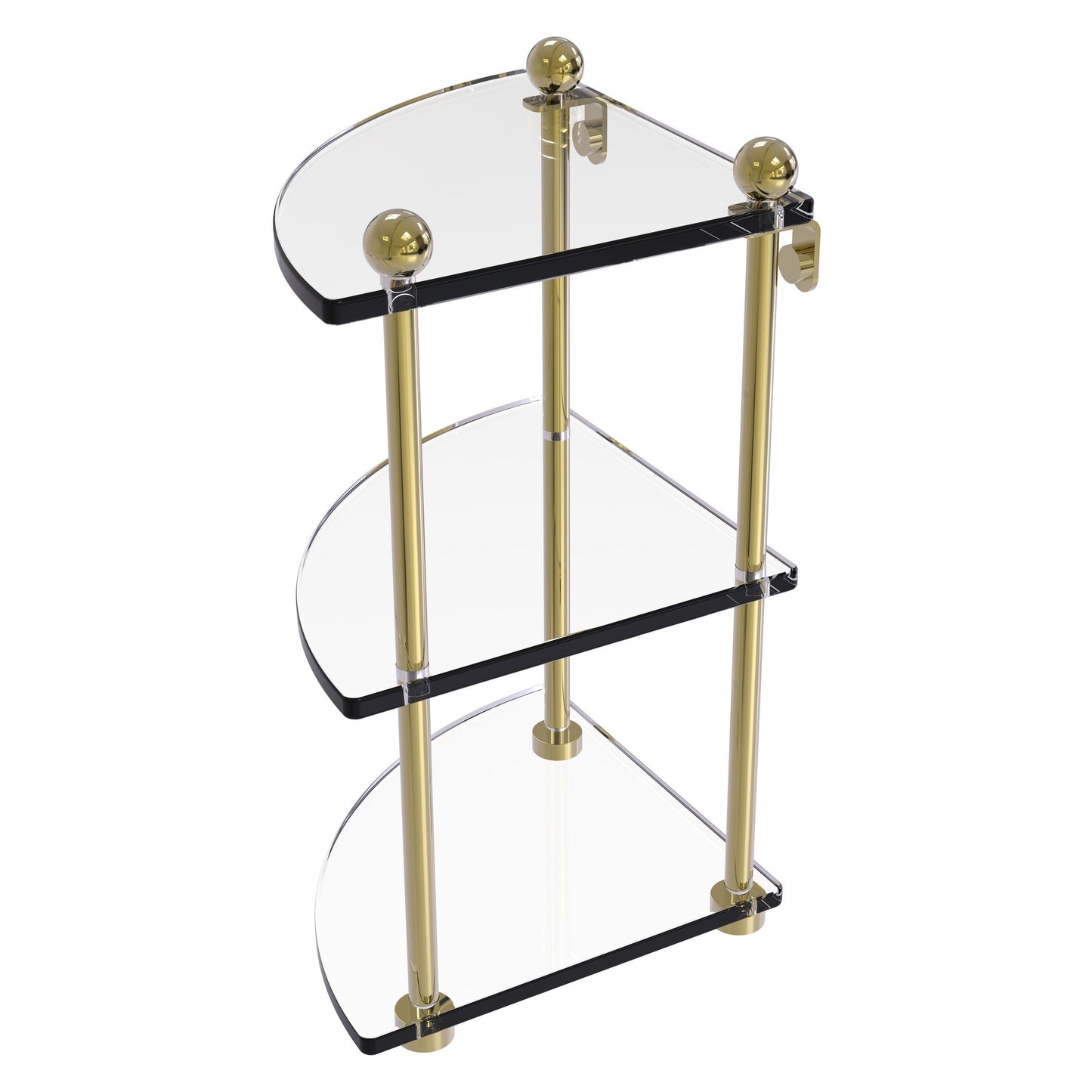 Allied Brass Prestige Regal 8" x 8" Unlacquered Brass Solid Brass Three Tier Corner Glass Shelf
