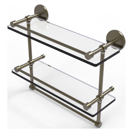 Allied Brass Prestige Skyline 16" x 5" Antique Brass Solid Brass Double Glass Shelf With Towel Bar