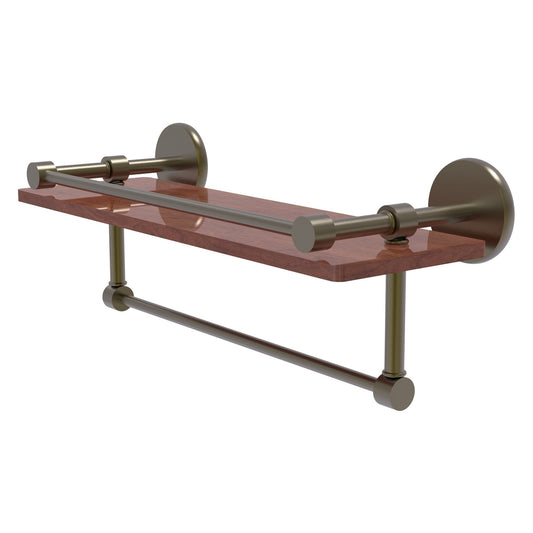 Allied Brass Prestige Skyline 16" x 5" Antique Brass Solid Brass IPE Ironwood Shelf With Gallery Rail and Towel Bar