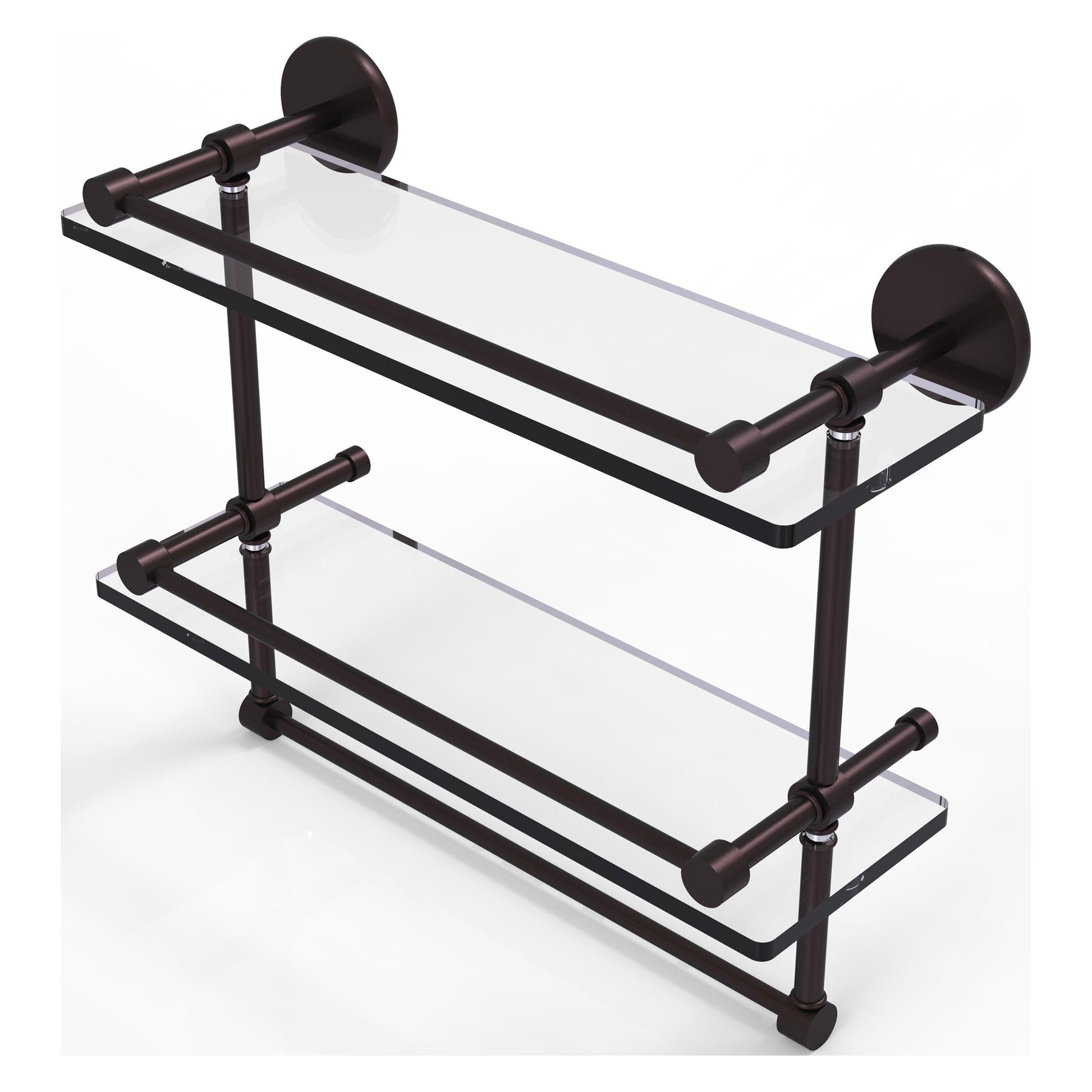 Allied Brass Prestige Skyline 16" x 5" Antique Bronze Solid Brass Double Glass Shelf With Towel Bar