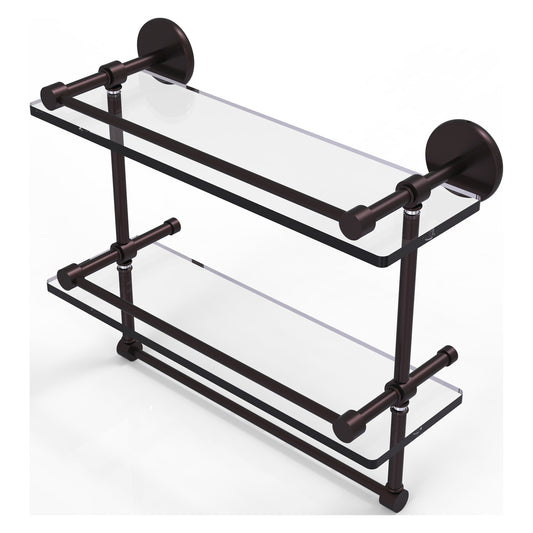 Allied Brass Prestige Skyline 16" x 5" Antique Bronze Solid Brass Double Glass Shelf With Towel Bar