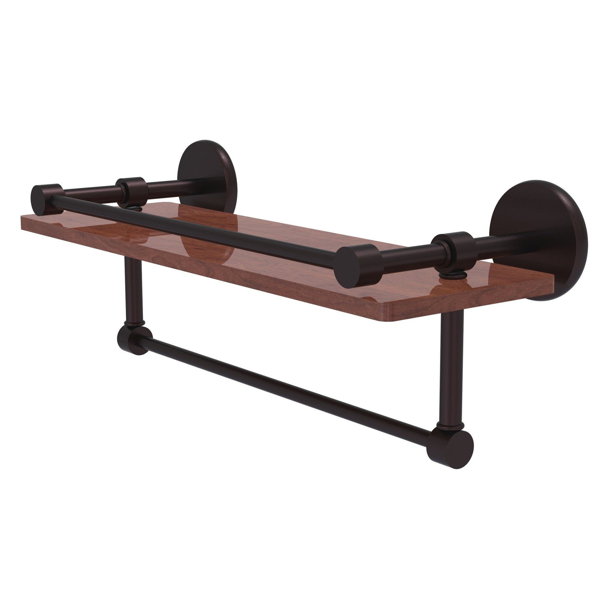 Allied Brass Prestige Skyline 16" x 5" Antique Bronze Solid Brass IPE Ironwood Shelf With Gallery Rail and Towel Bar