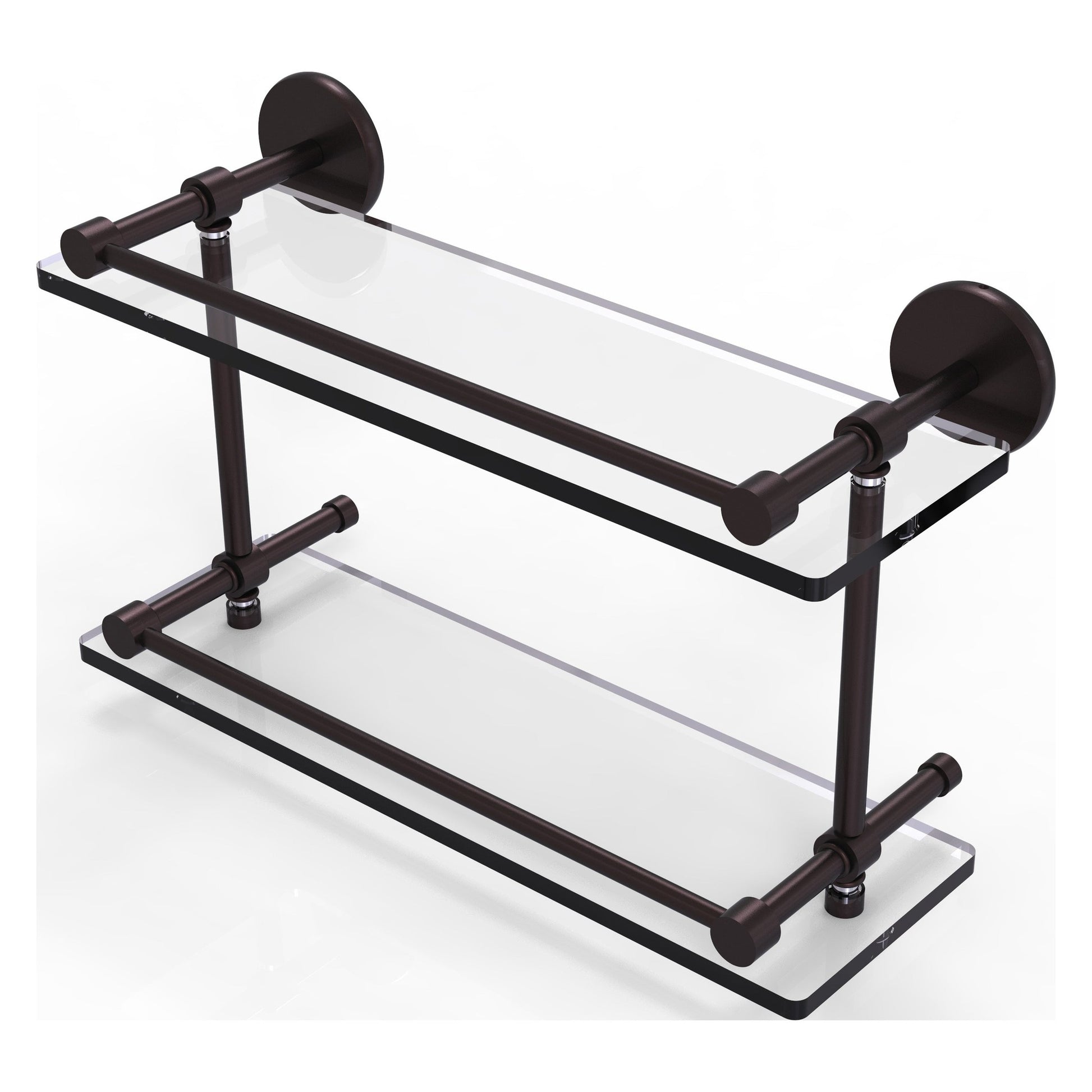 Allied Brass Prestige Skyline 16" x 5" Antique Bronze Solid Brass Tempered Double Glass Shelf With Gallery Rail