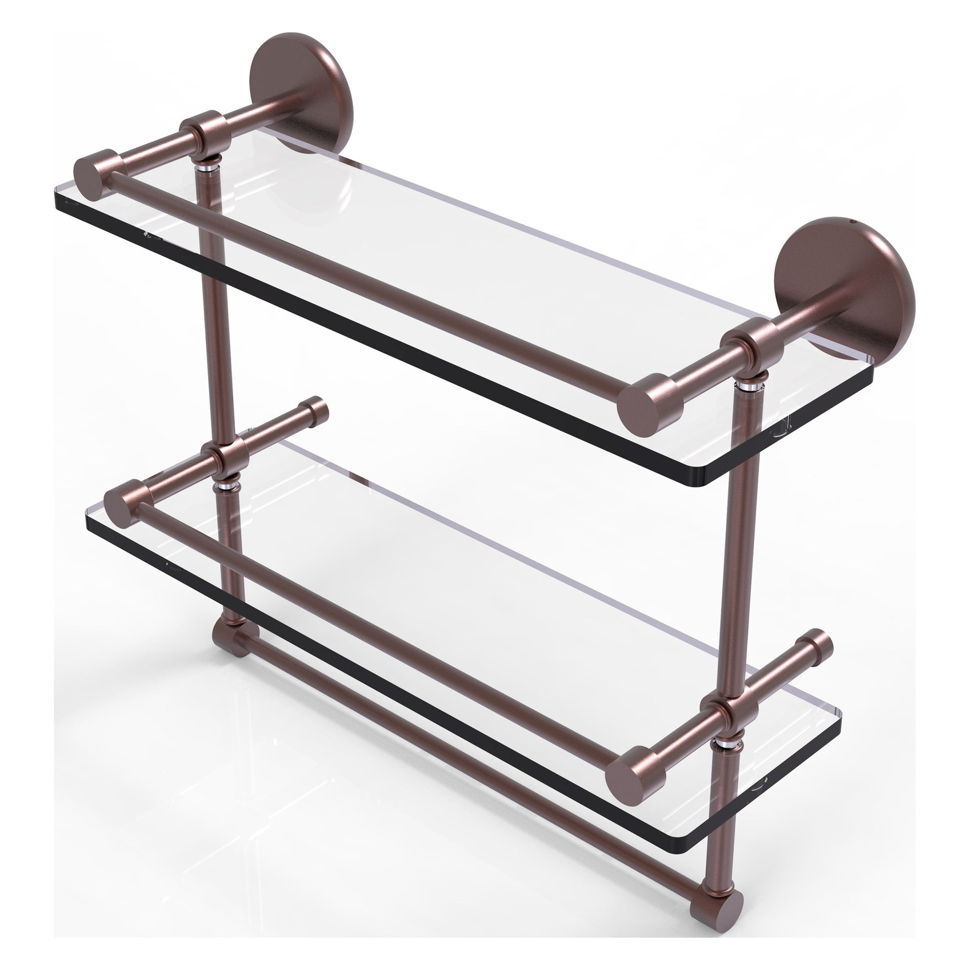 Allied Brass Prestige Skyline 16" x 5" Antique Copper Solid Brass Double Glass Shelf With Towel Bar