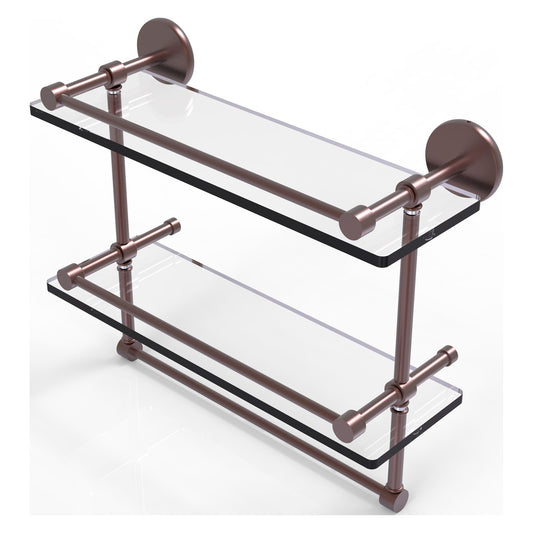 Allied Brass Prestige Skyline 16" x 5" Antique Copper Solid Brass Double Glass Shelf With Towel Bar