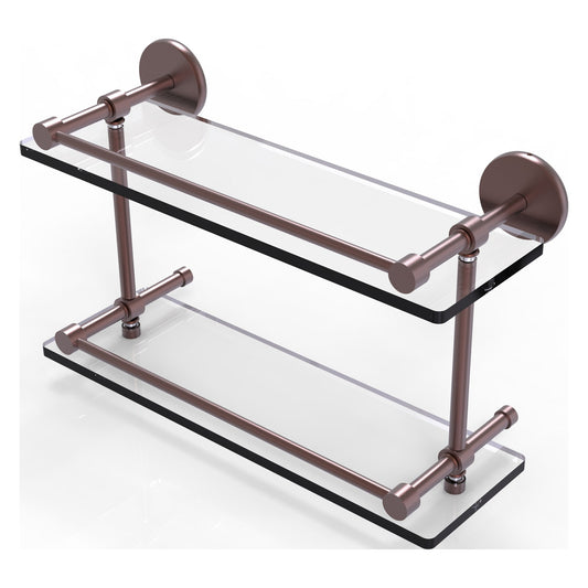 Allied Brass Prestige Skyline 16" x 5" Antique Copper Solid Brass Tempered Double Glass Shelf With Gallery Rail