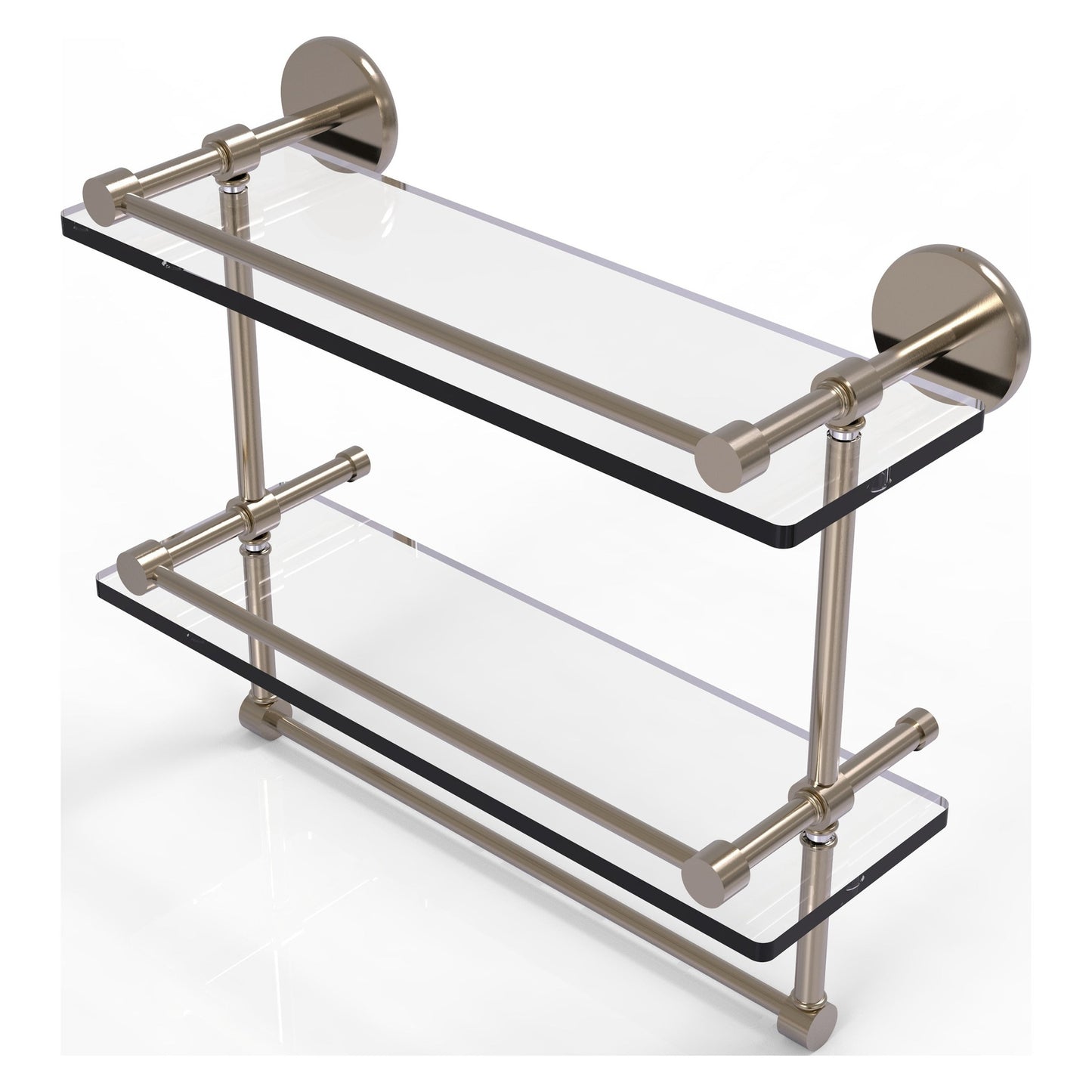 Allied Brass Prestige Skyline 16" x 5" Antique Pewter Solid Brass Double Glass Shelf With Towel Bar